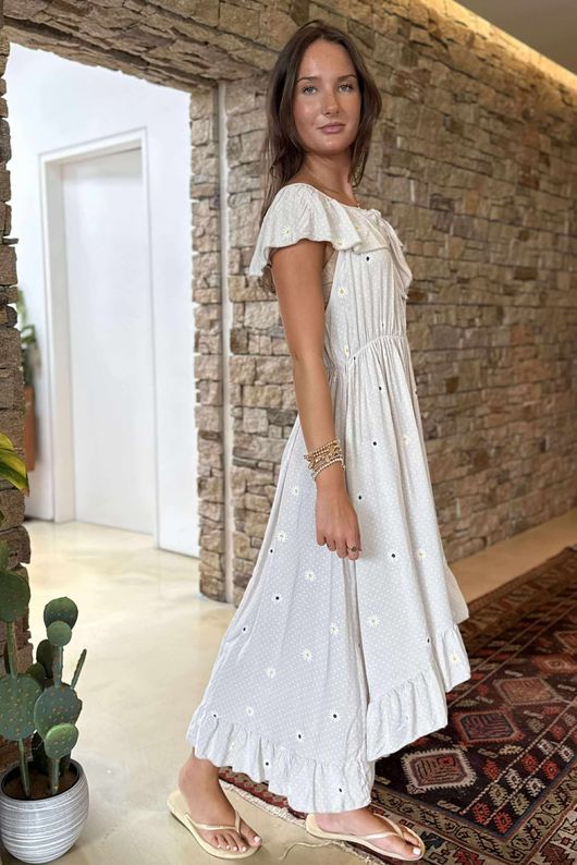Made in Italy Forget Me Knots Bardot Shirring Dress Stone /8 =